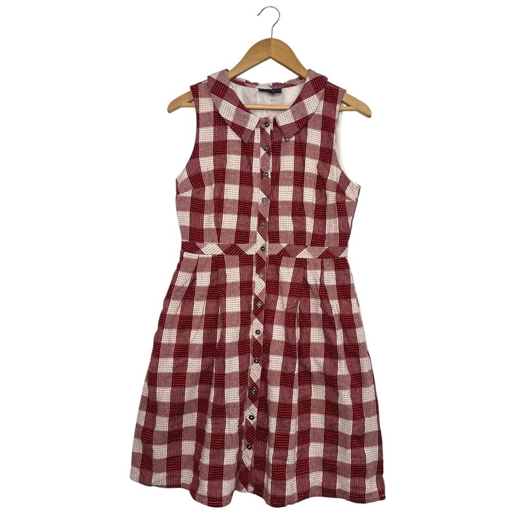 ModCloth Dress Womens 8 Red White Linen Gingham Retro Picnic Cottagecore Coastal
